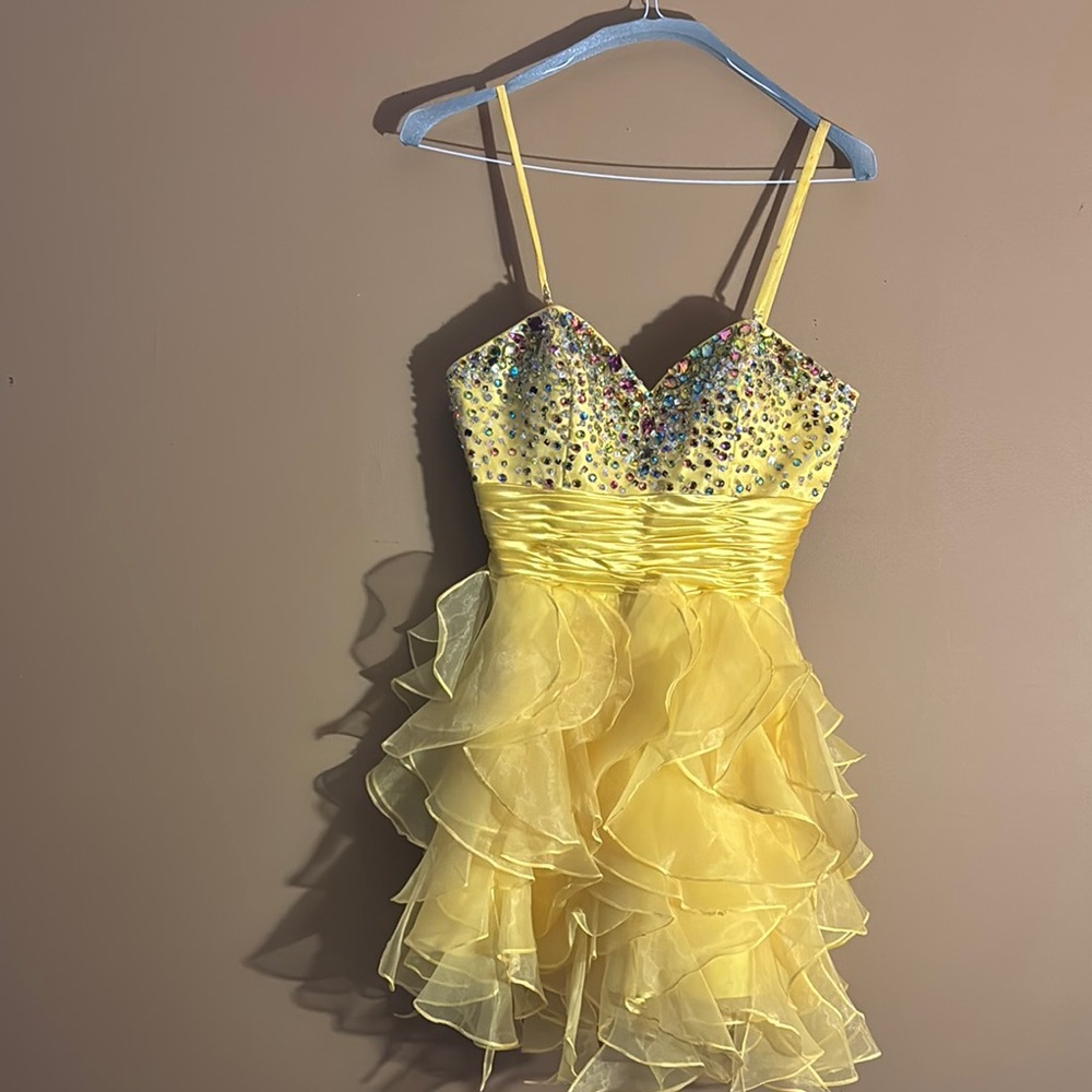 Yellow Embellished Babydoll Mini Dress